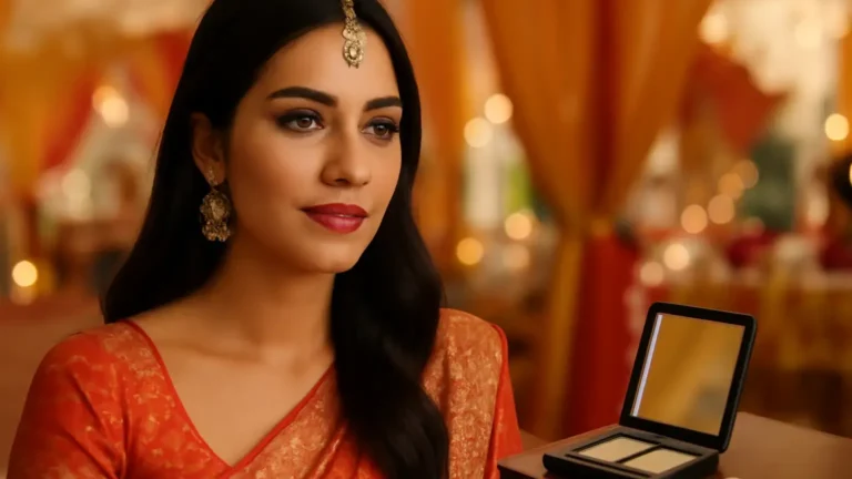 Indian wedding guest with fresh long-wear makeup beside a compact touch-up kit