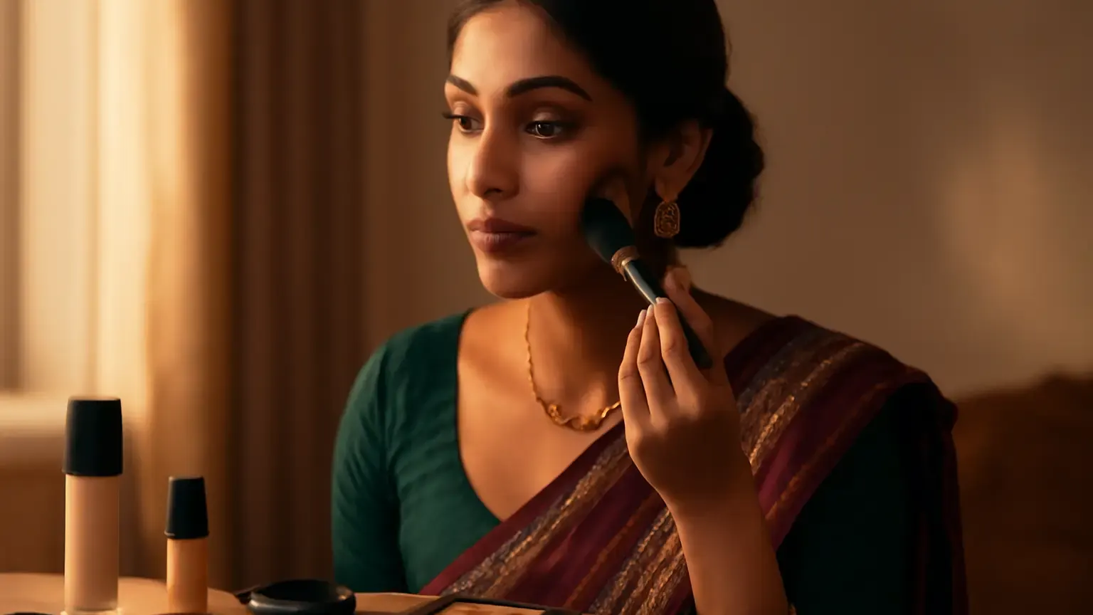 Indian woman applying a fresh festive makeup base at a vanity