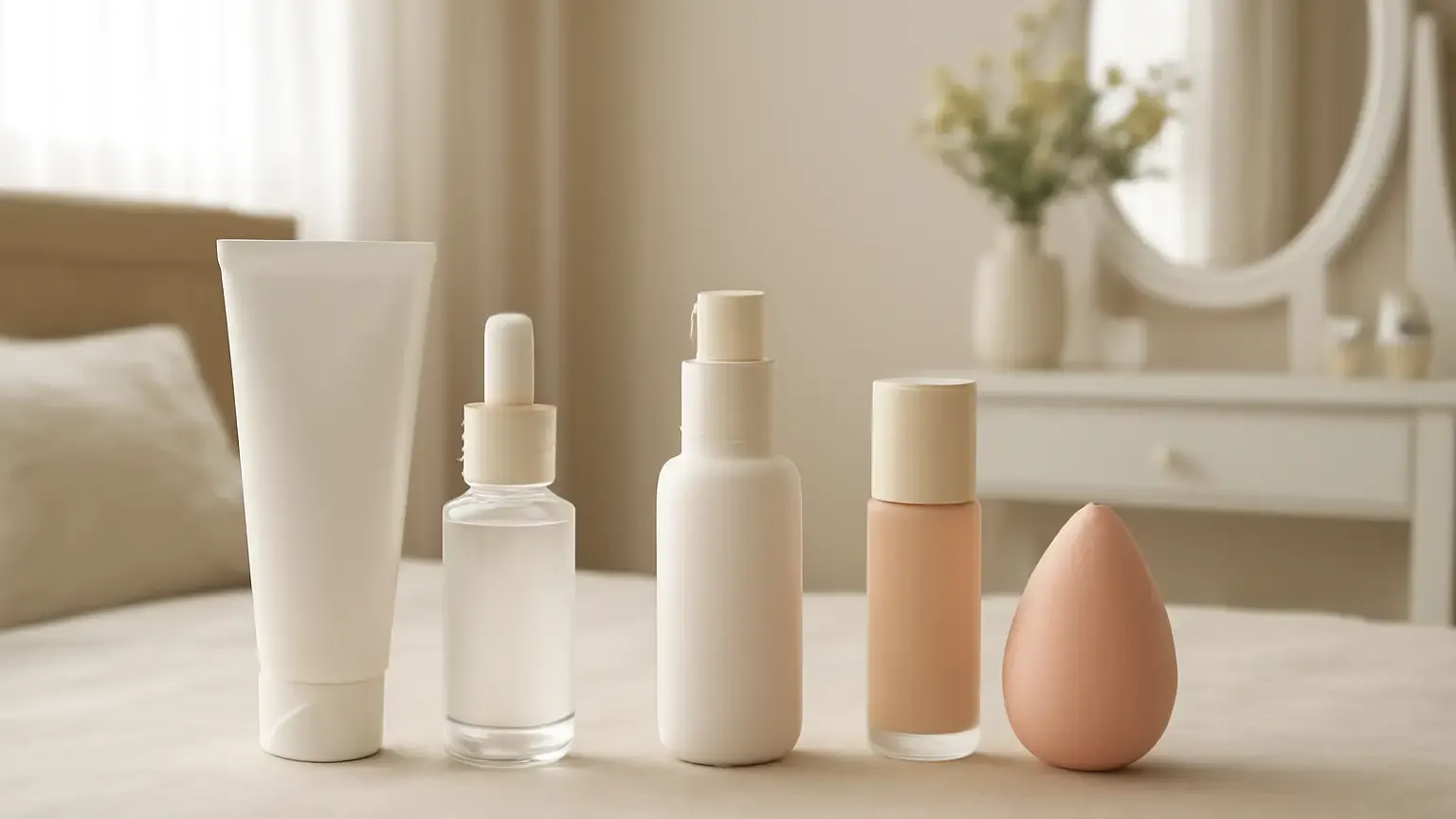 Unbranded skincare and makeup products arranged for a morning routine before makeup