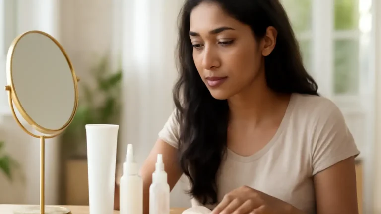 Indian woman arranging a simple four-step morning skincare routine in soft daylight