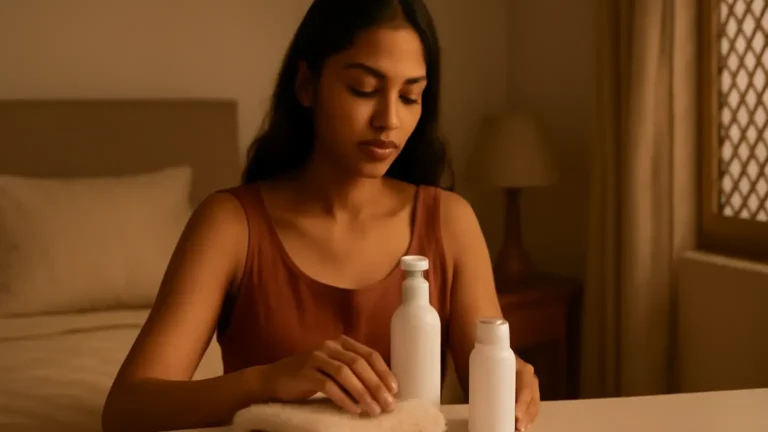Simple evening skincare products beside a towel in an Indian bedroom