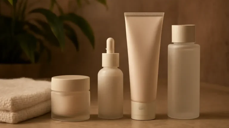 Four unbranded skincare products arranged for an evening routine in an Indian home