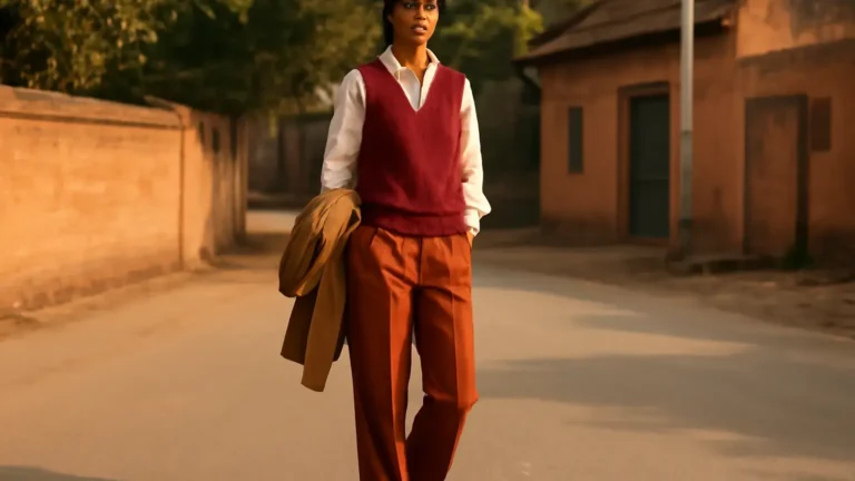 Indian woman in a cotton shirt, jewel-tone knit vest and wide-leg trousers for November