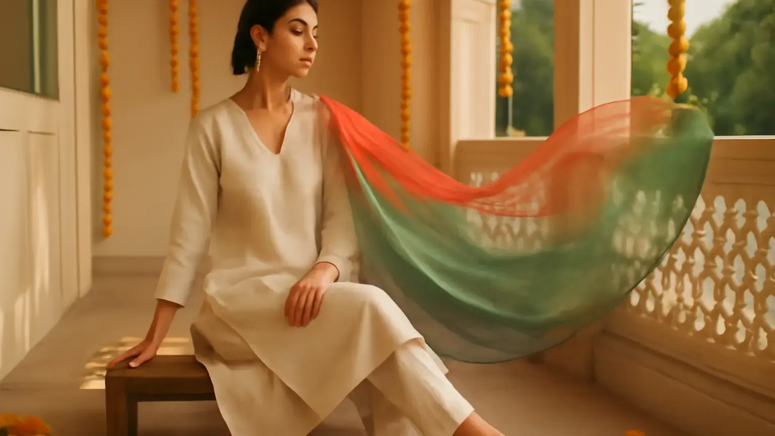 Indian woman in a breathable festive kurta set with a lightweight dupatta and statement earrings