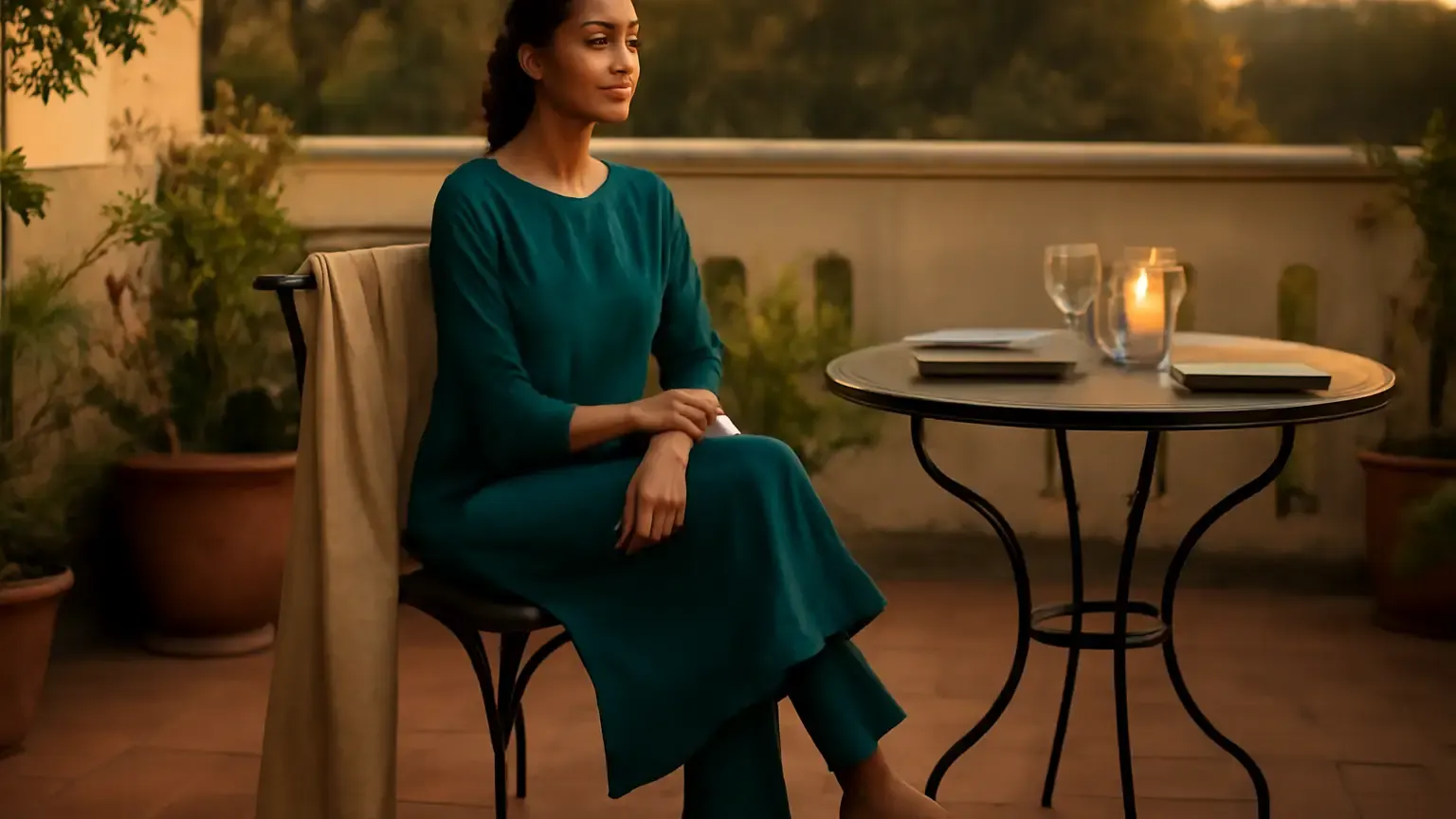 Indian woman in a jewel-tone kurta set and statement earrings at an October evening gathering