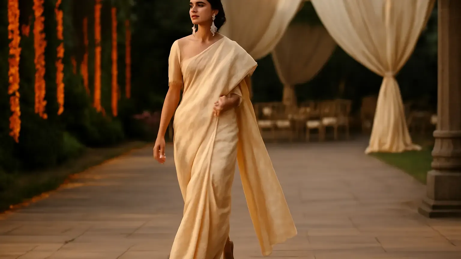 Indian wedding guest in a light saree, embroidered stole and block heels at a daytime-to-evening celebration