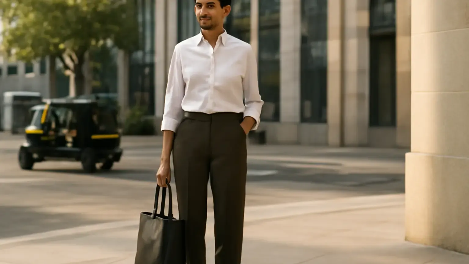 Indian professional wearing breathable cotton office separates and loafers for a warm commute