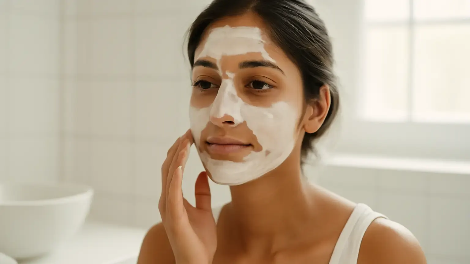 Indian woman applying a clay mask to her T-zone in a bright bathroom