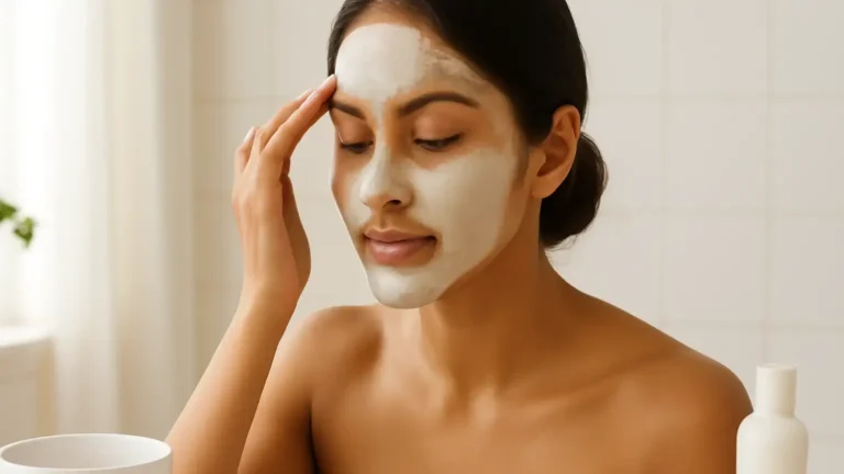 Woman applying a clay mask to the T-zone while leaving her cheeks bare