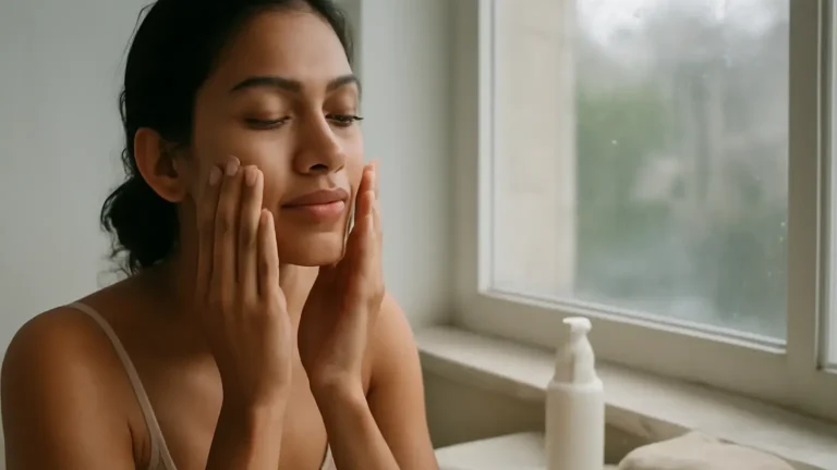 Indian woman gently cleansing combination-oily skin in a bright humid-weather bathroom