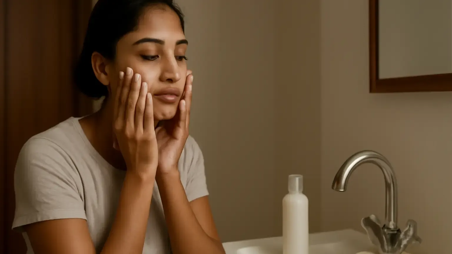 Indian commuter gently cleansing her face beside a bathroom sink after travelling through the city