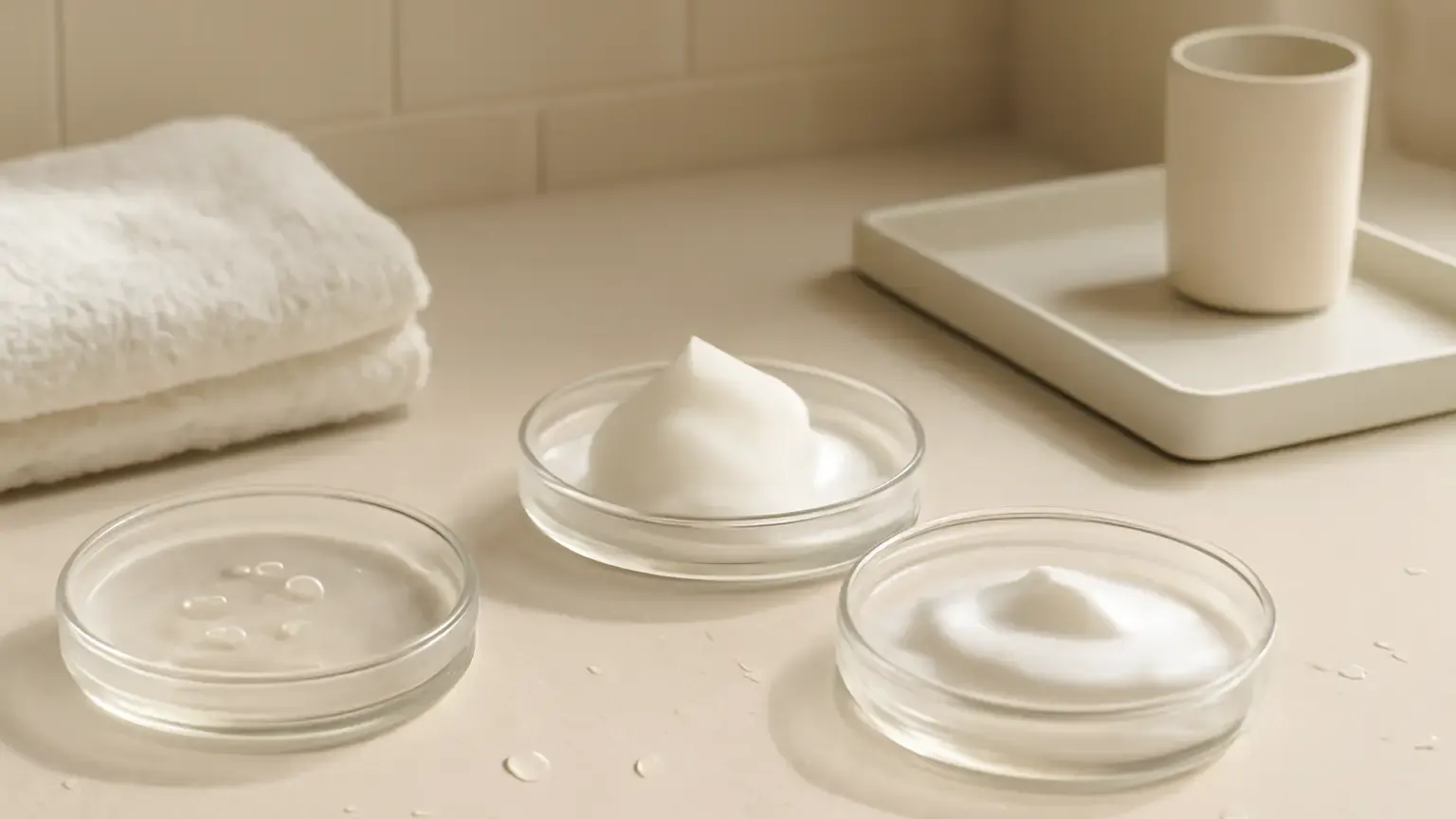 Gel, foaming and low-lather facial cleanser textures arranged in an Indian bathroom setting