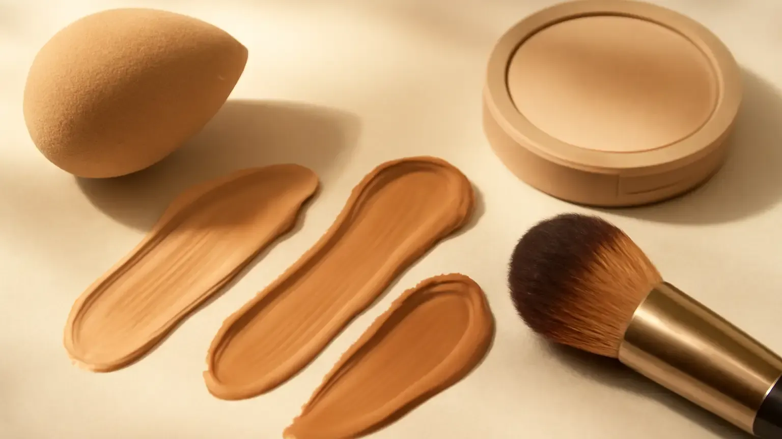 Liquid, powder and serum foundation textures arranged with makeup tools on a beauty vanity.