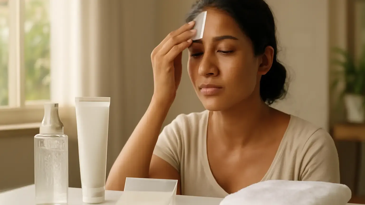 Indian woman using blotting paper beside a lightweight oily-skin skincare routine