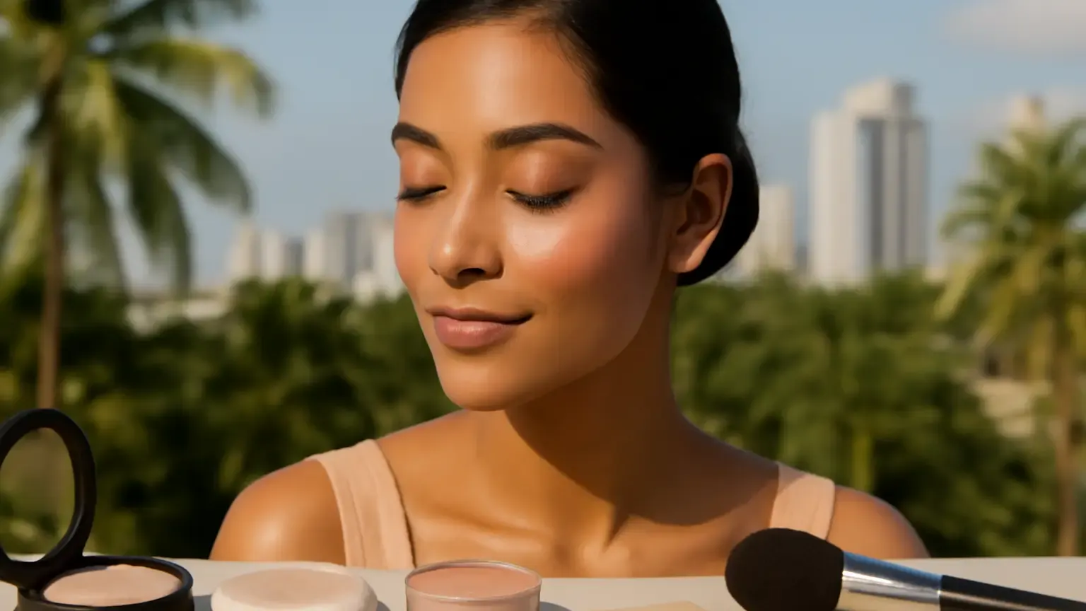 Indian woman with fresh cheek colour and blush products arranged for humid weather makeup