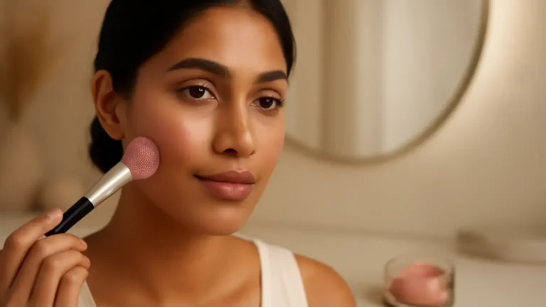 Indian woman applying layered blush for fresh oily skin makeup in humid weather