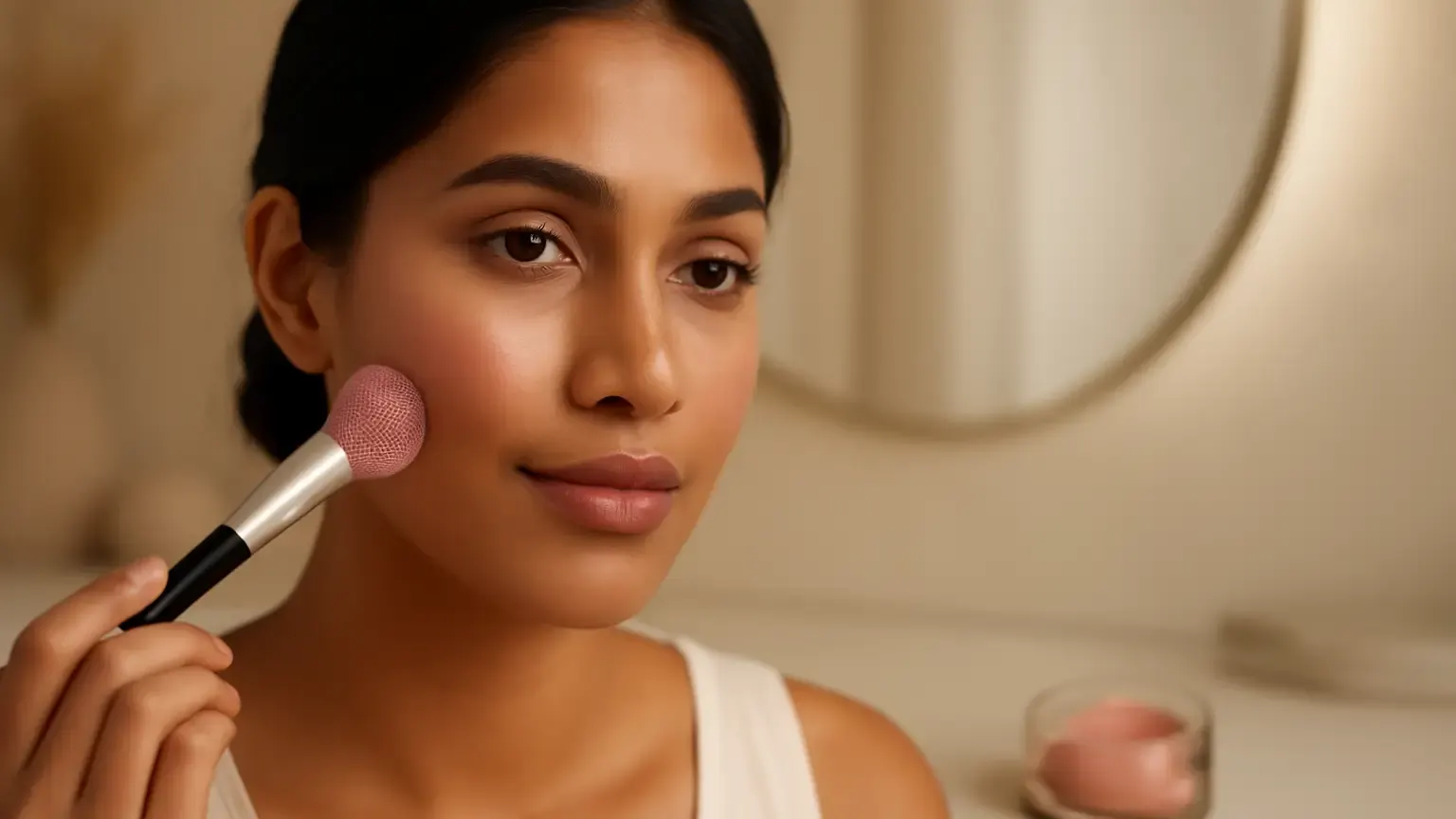 Indian woman applying layered blush for fresh oily skin makeup in humid weather