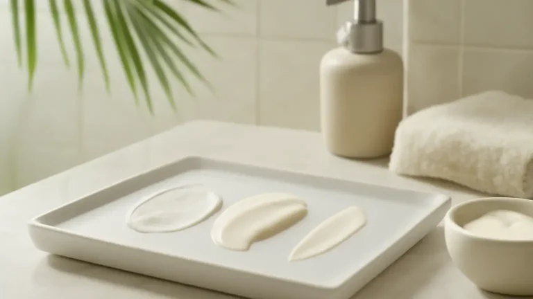Gel, lotion and fluid moisturiser textures arranged for an oily-skin skincare routine.
