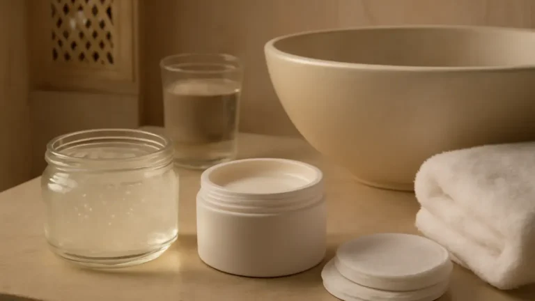 Unbranded evening skincare products arranged for removing sunscreen from oily skin