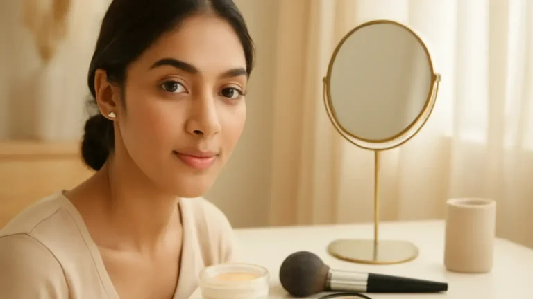 Loose and pressed setting powders with a brush and puff on an Indian beauty vanity