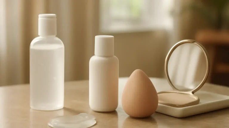 Unbranded gel, fluid and lotion sunscreen textures arranged with makeup essentials on an Indian vanity.