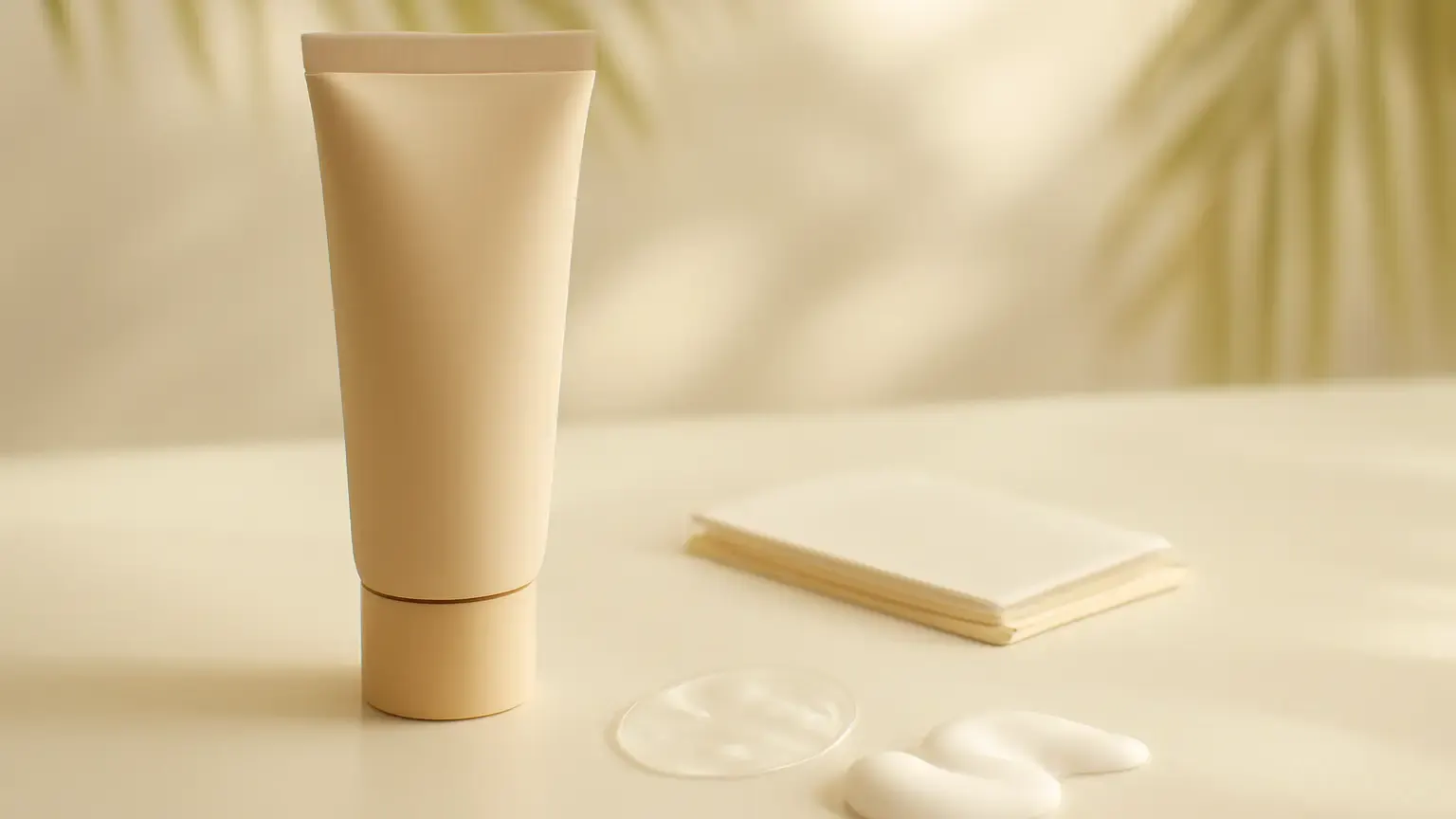 Unbranded sunscreen textures for oily skin arranged with blotting paper in a bright Indian summer skincare setting.