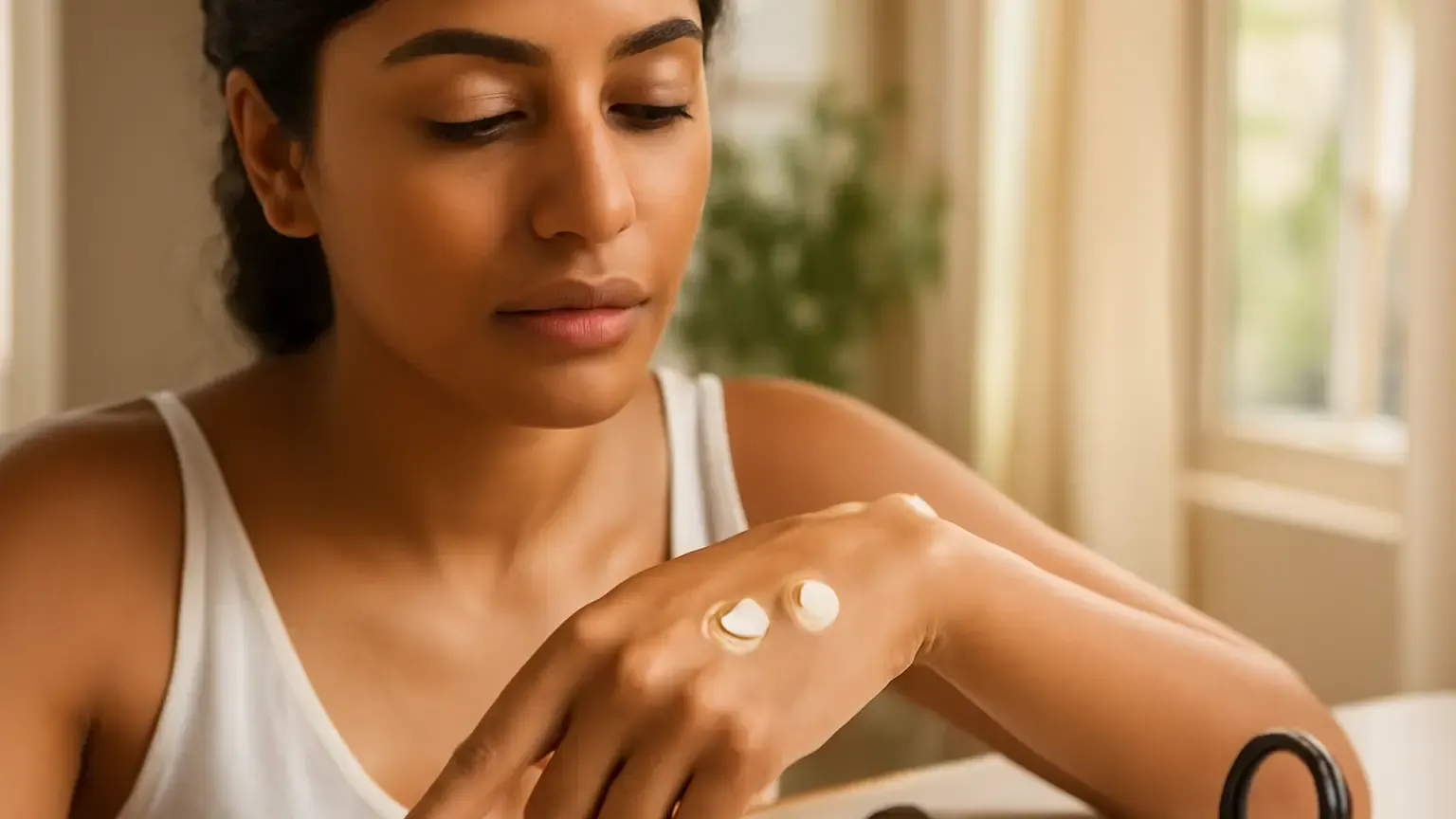 Indian woman comparing gel, matte and dewy sunscreen textures beside makeup tools