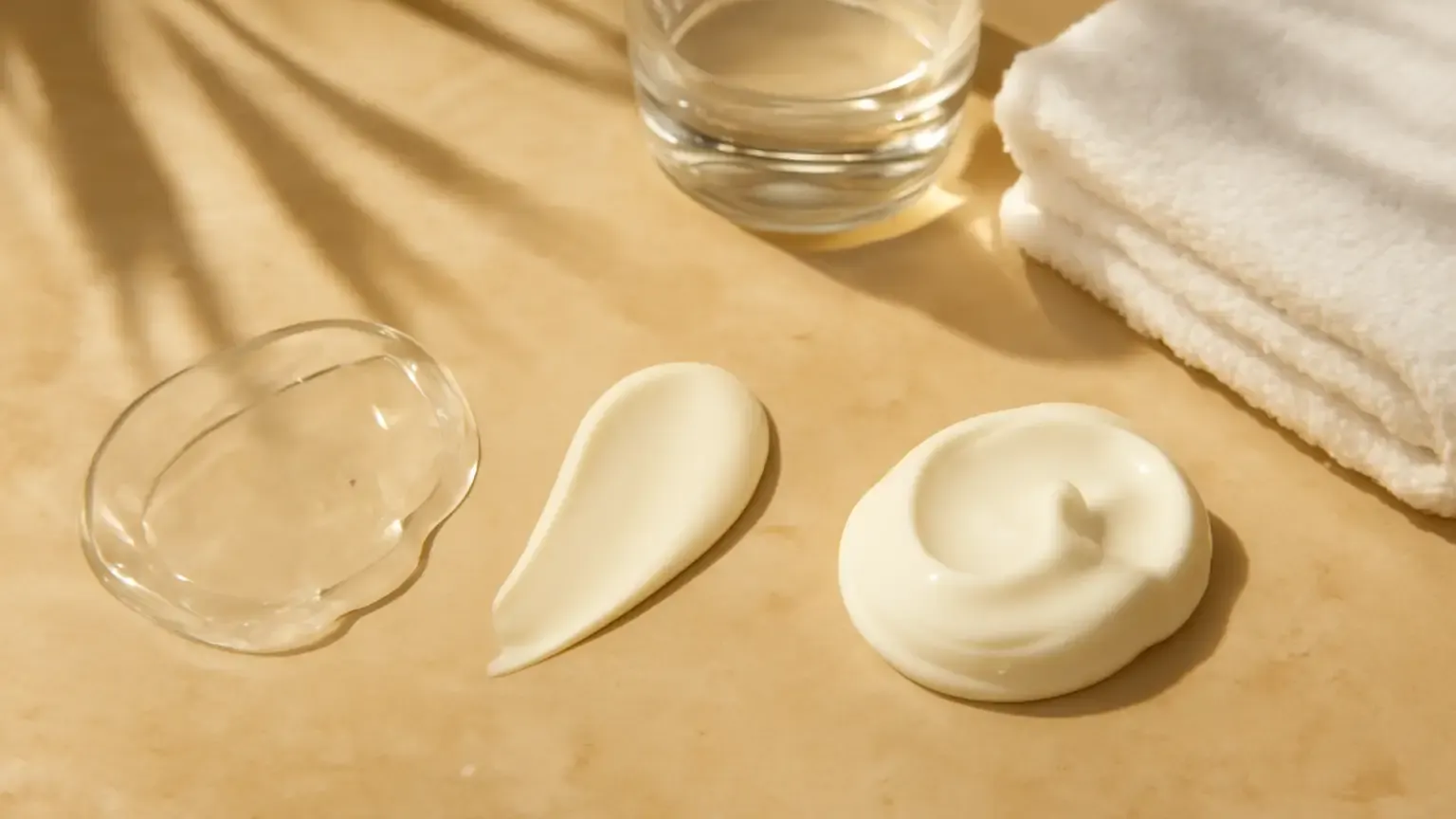 Gel, fluid and cream sunscreen textures arranged for comparison in warm Indian sunlight.
