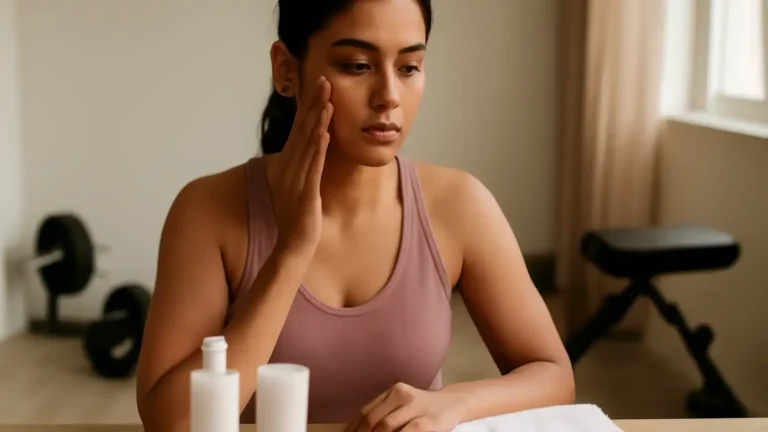 Woman following a simple post-workout skincare routine with cleanser, moisturiser and sunscreen