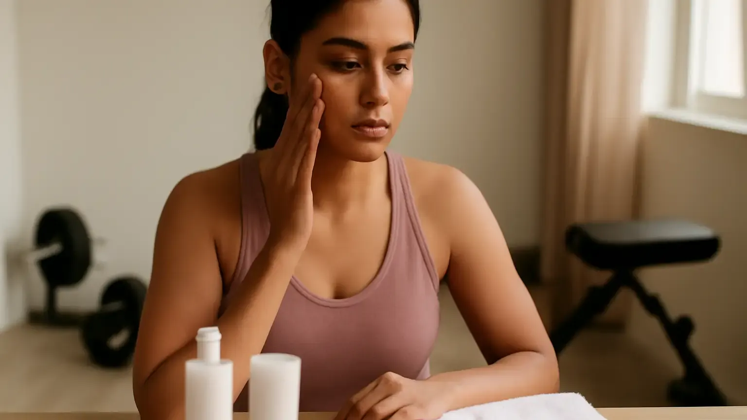 Woman following a simple post-workout skincare routine with cleanser, moisturiser and sunscreen