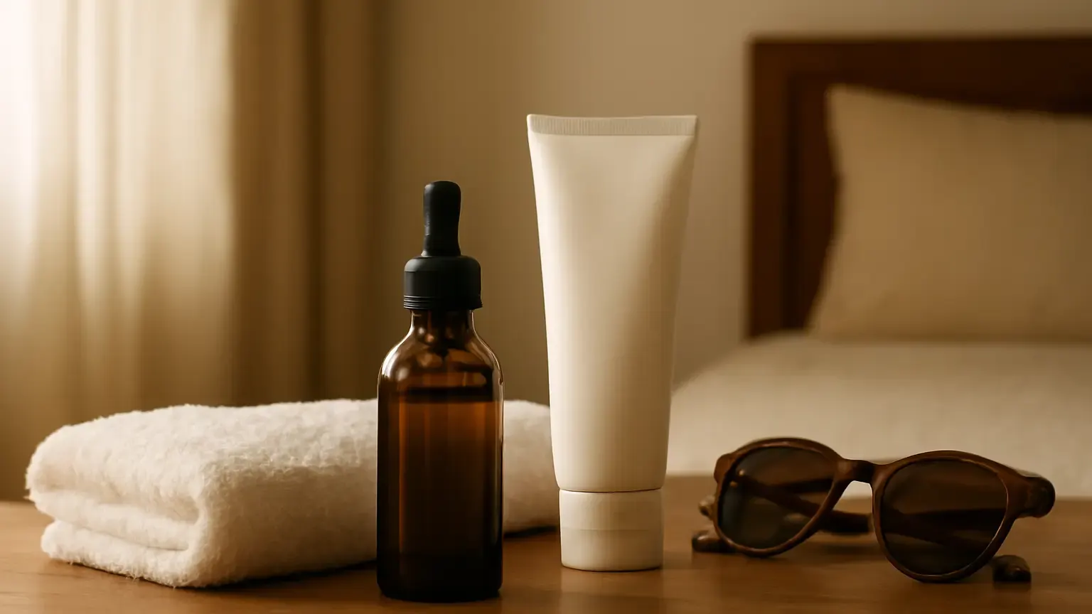 Unbranded retinol skincare products, moisturiser and sunscreen arranged on an Indian vanity.