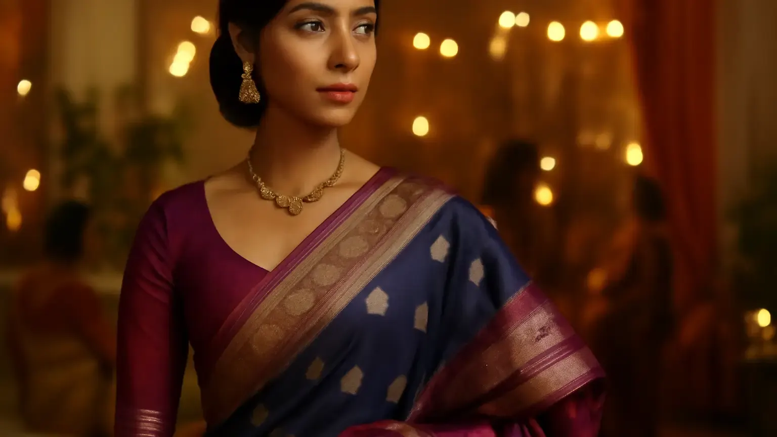Indian woman in a balanced festive saree drape with an angled pallu and V-neck blouse