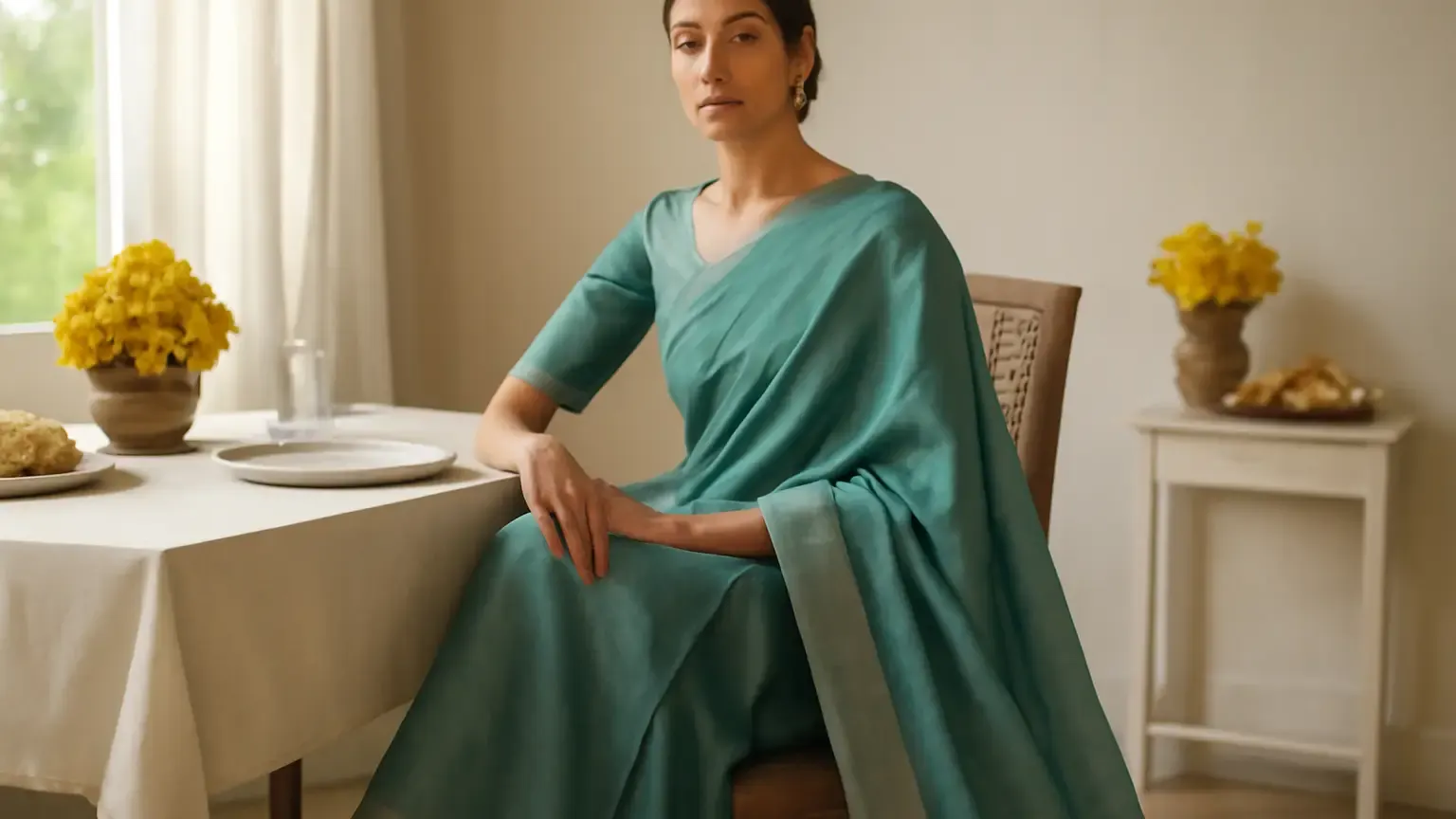Woman in a lightweight saree styled for an intimate festive lunch in daylight