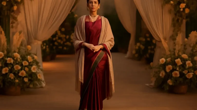 Indian wedding guest in a warm, layered saree look with a full-sleeve blouse, shawl and closed-toe footwear