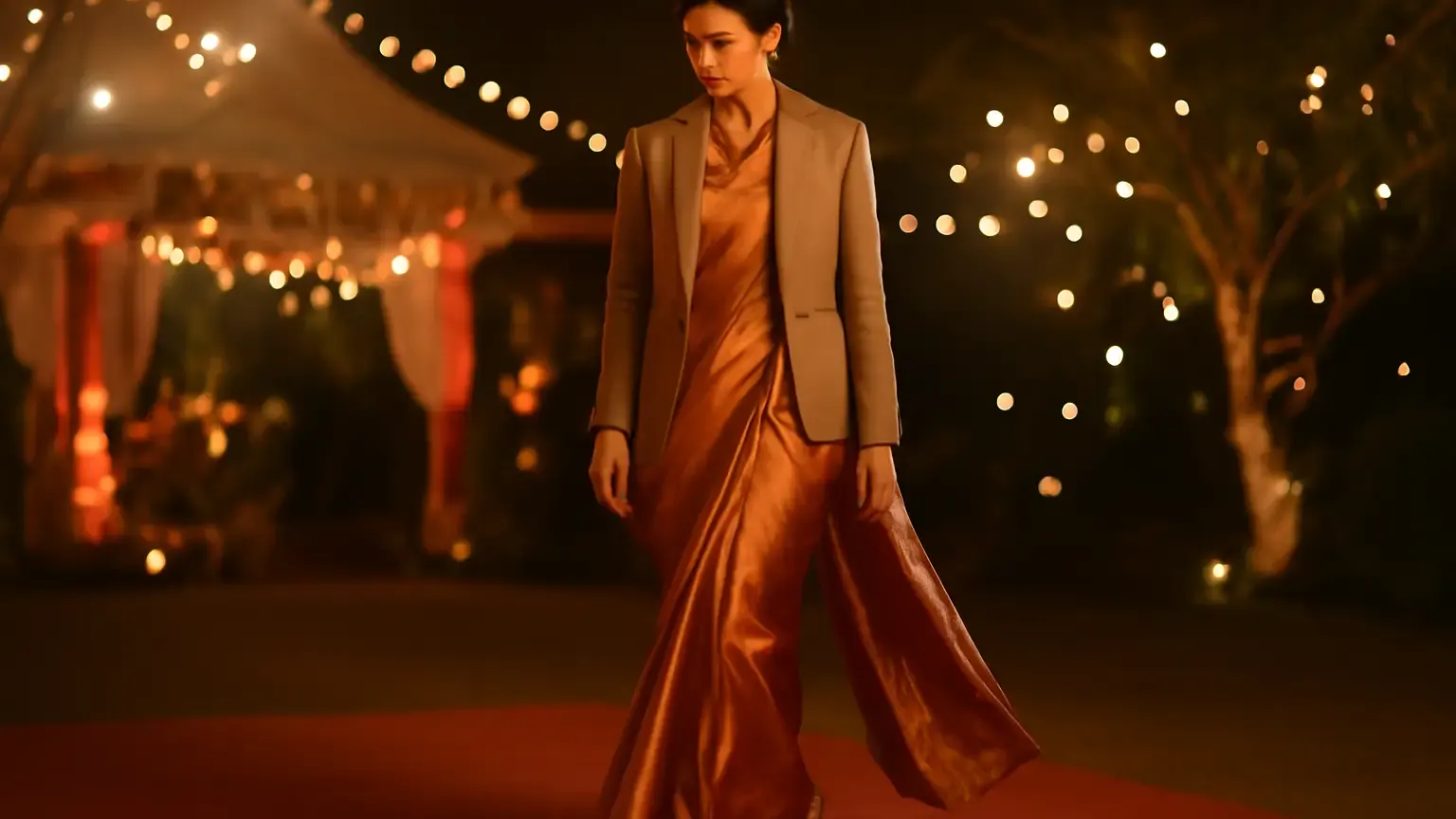 Indian wedding guest in a layered silk saree look with a shawl and full-sleeve blouse at a winter reception