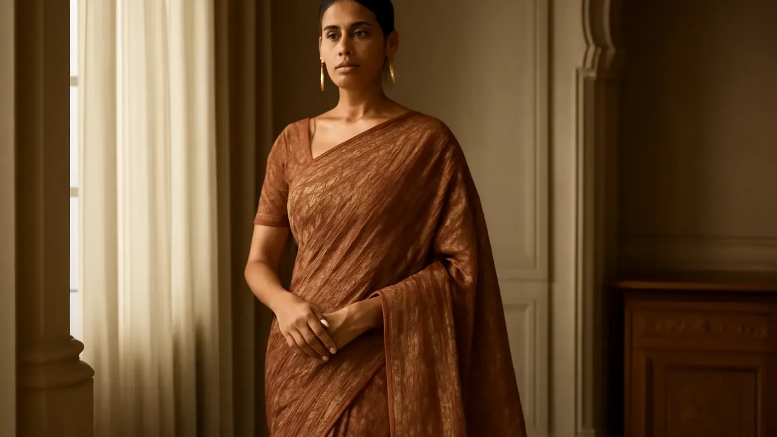 Indian woman demonstrating a balanced embellished saree drape with a controlled heavy pallu