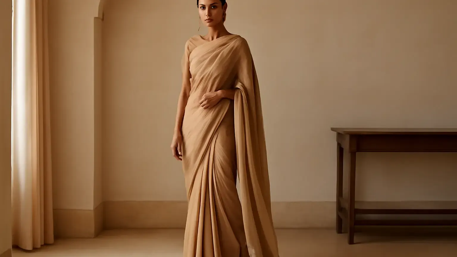 Petite Indian woman demonstrating a balanced saree drape with narrow pleats, a neat pallu and proportionate accessories.