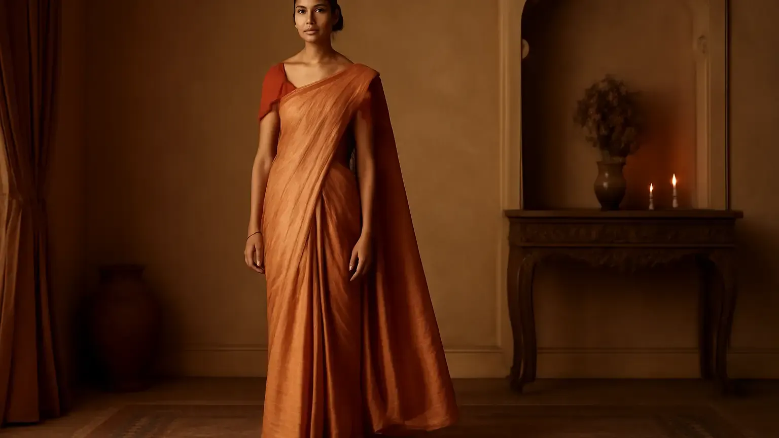 Petite Indian woman in a neatly proportioned saree drape with narrow pleats and a controlled pallu