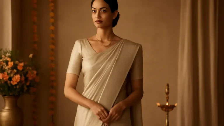 Indian woman demonstrating balanced saree draping with a short blouse, neat front pleats and a medium-width pallu