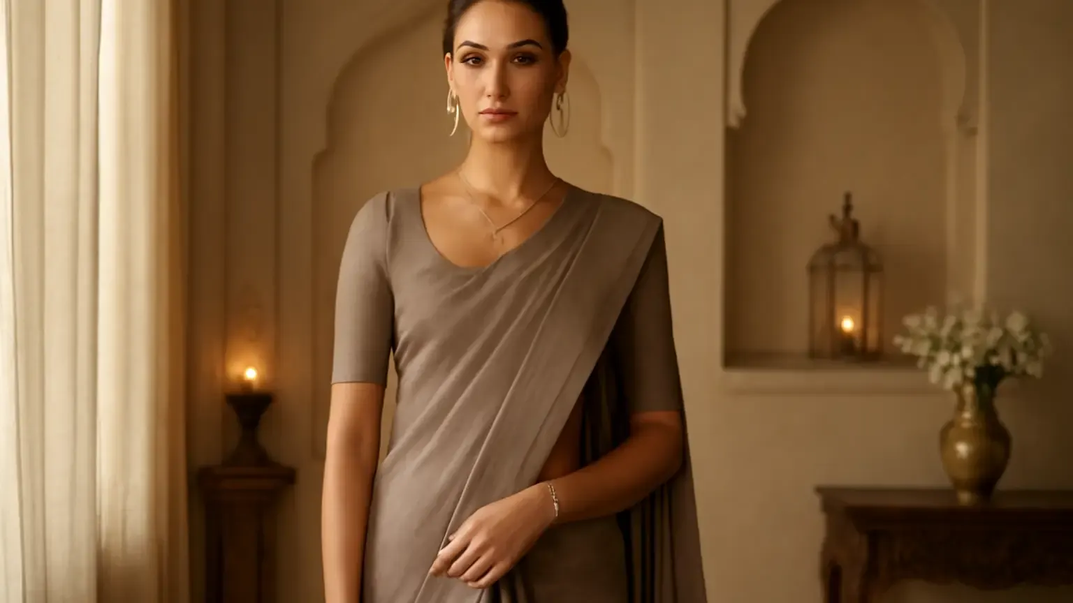 Indian woman in a balanced saree drape with a short structured blouse and neat pallu