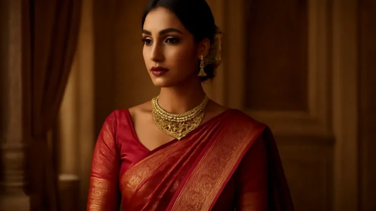Indian woman in a silk saree wearing balanced statement jewellery and a neat low bun
