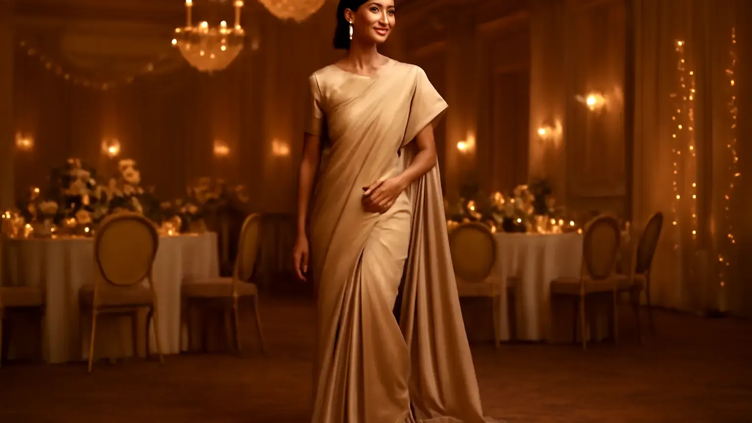 Indian wedding guest in an elegant saree with refined blouse styling and reception accessories