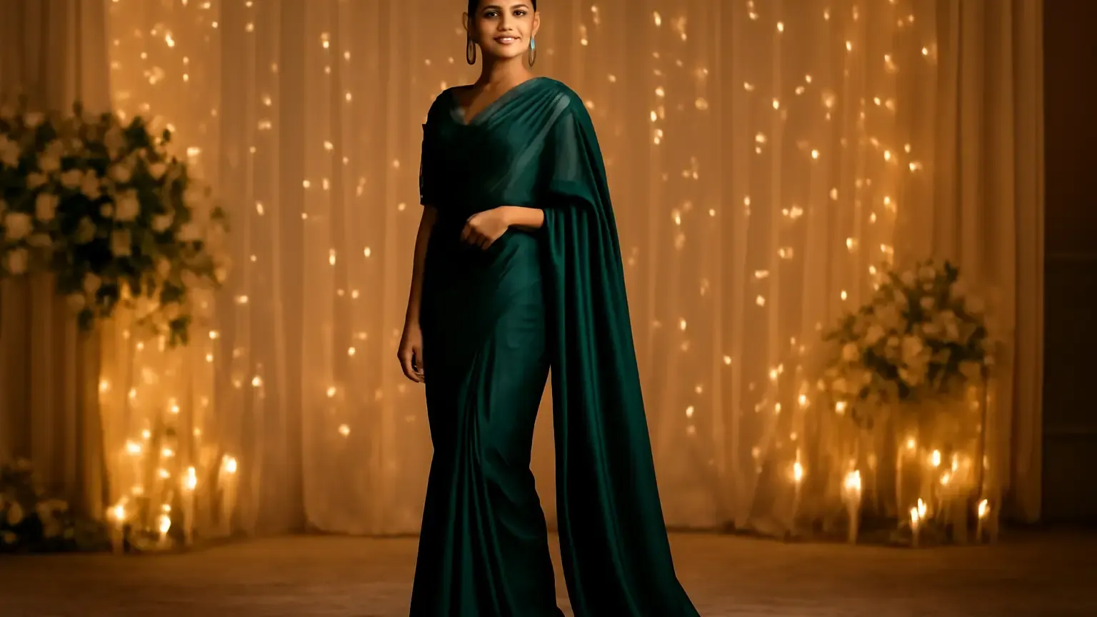Indian wedding guest in a polished jewel-toned saree at an evening reception