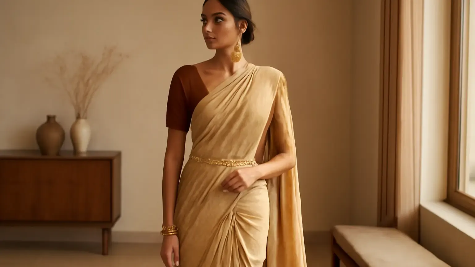 Indian woman wearing a neatly pleated saree with a slim waist belt
