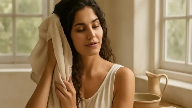 Woman gently drying wavy hair after washing in an Indian home