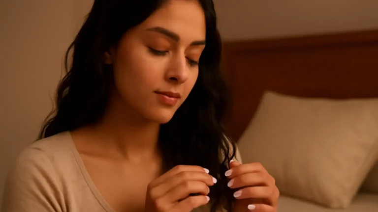Woman applying leave-in conditioner to hair ends in a softly lit bedroom