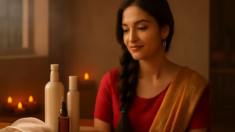 Woman with a loose festive braid following a Diwali hair care routine beside diyas