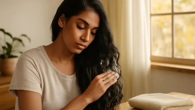 Indian woman gently conditioning the lengths of her hair during a November wash routine