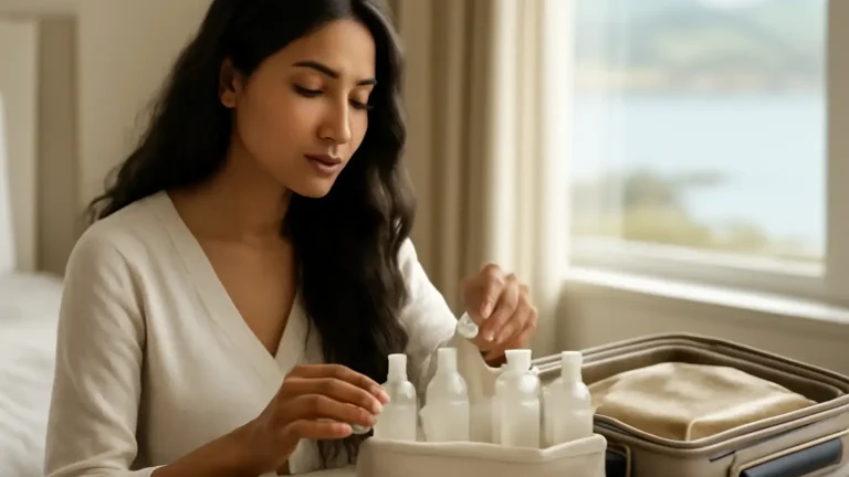 Woman packing a compact hair-care kit for changing November travel climates