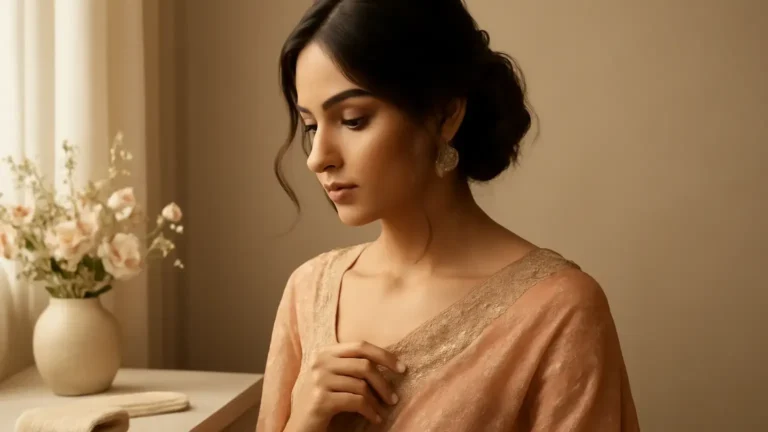 Indian wedding guest preparing soft, polished hair beside a festive vanity